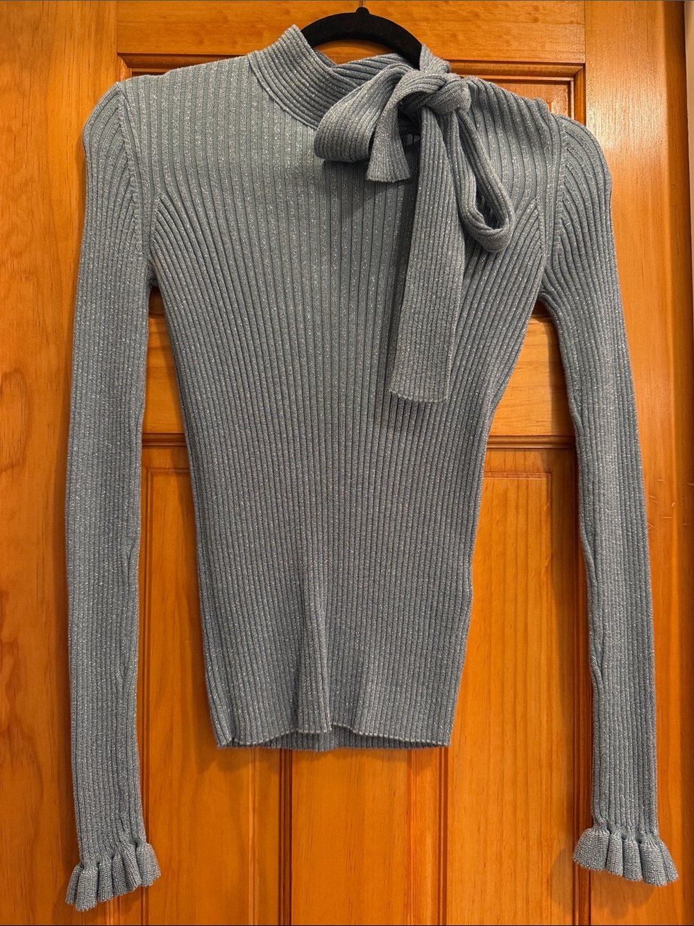 RED Valentino Silver Ribbed Tie-Neck Turtleneck Sweater